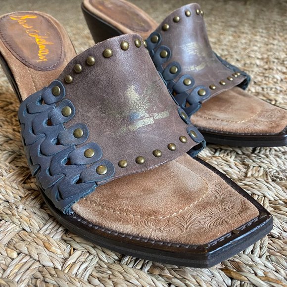 SAM EDELMAN Golden Eagle Woven Leather Mules Stacked Heel Sandals Square Toe 9.5 - Picture 3 of 5